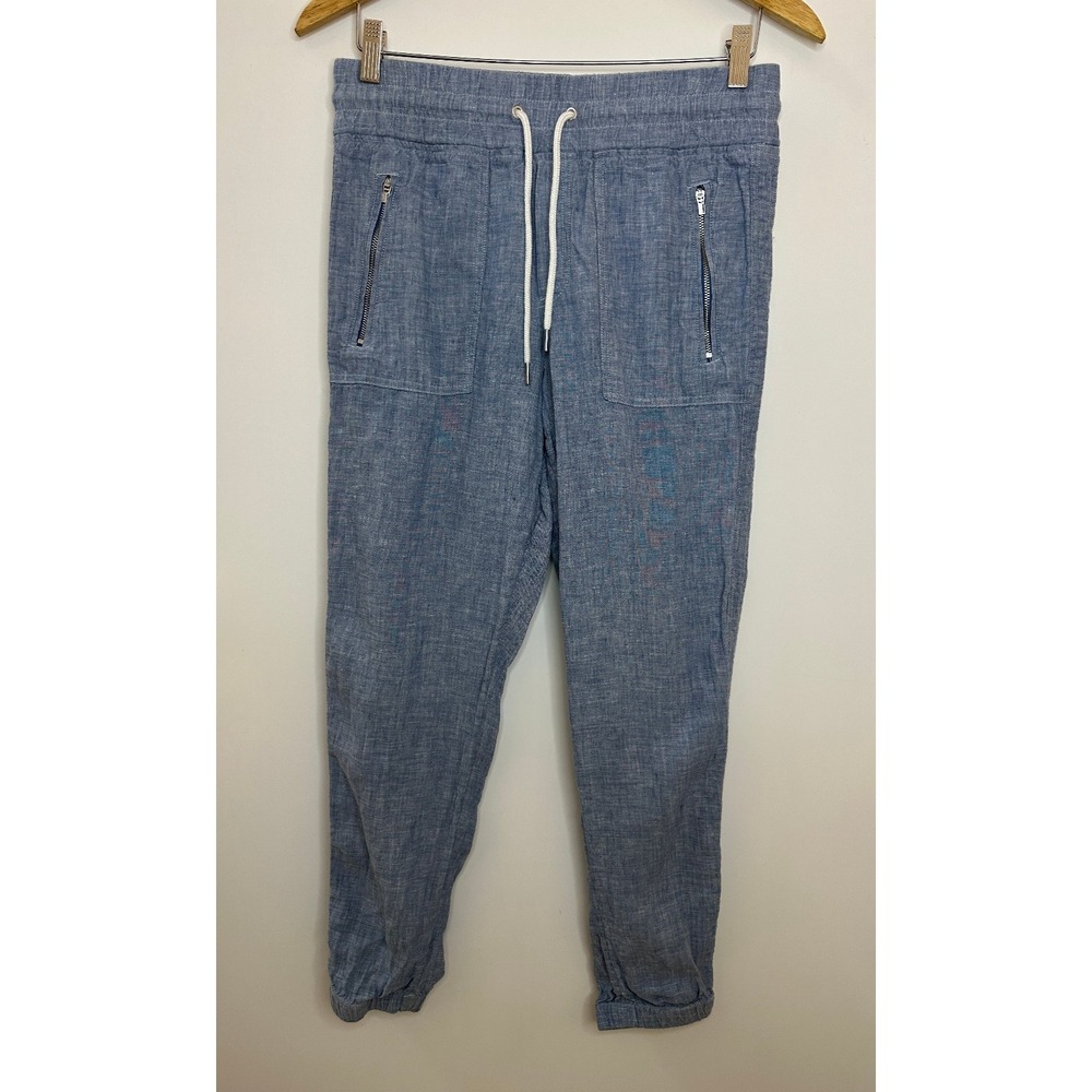 Athleta Cabo 100% Linen Jogger Pants Chambray Blue Resort Beach Zip Pockets 6 - Picture 16 of 16